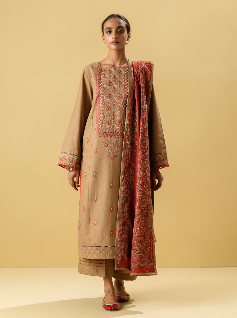 3 PIECE - EMBROIDERED WITH SHAWL  KHADDAR SUIT - GLEAM TAUPE MORBAGH WN_22   