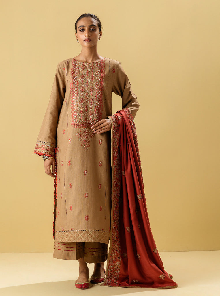 3 PIECE - EMBROIDERED WITH SHAWL  KHADDAR SUIT - GLEAM TAUPE MORBAGH WN_22   