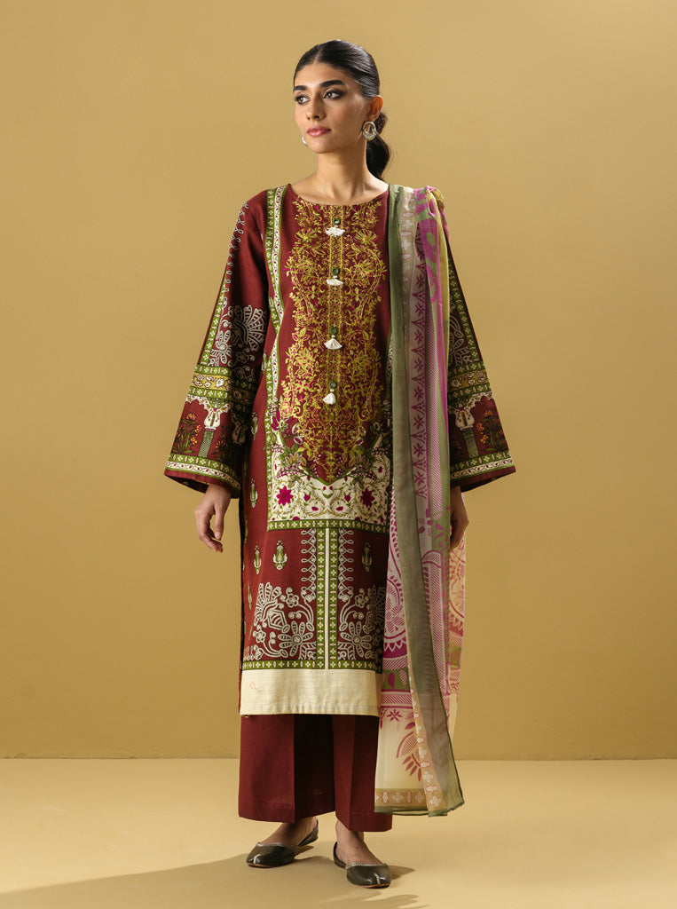 3 PIECE - EMBROIDERED  KHADDAR SUIT - ROSY RED MORBAGH WN_22   