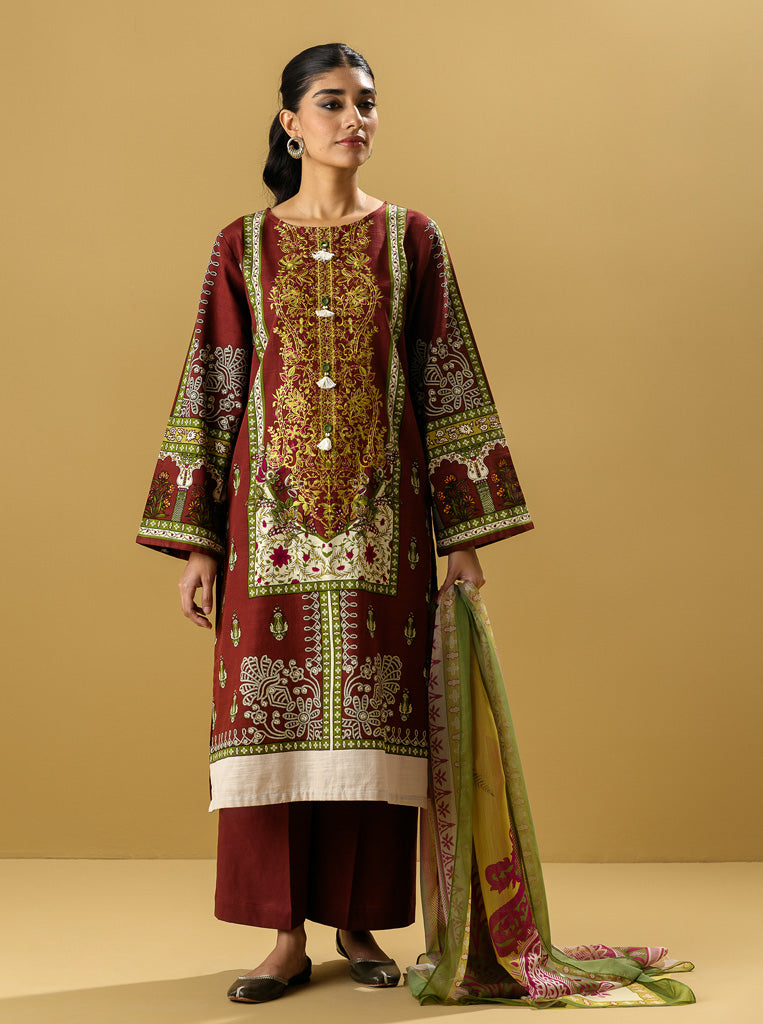 3 PIECE - EMBROIDERED  KHADDAR SUIT - ROSY RED MORBAGH WN_22   