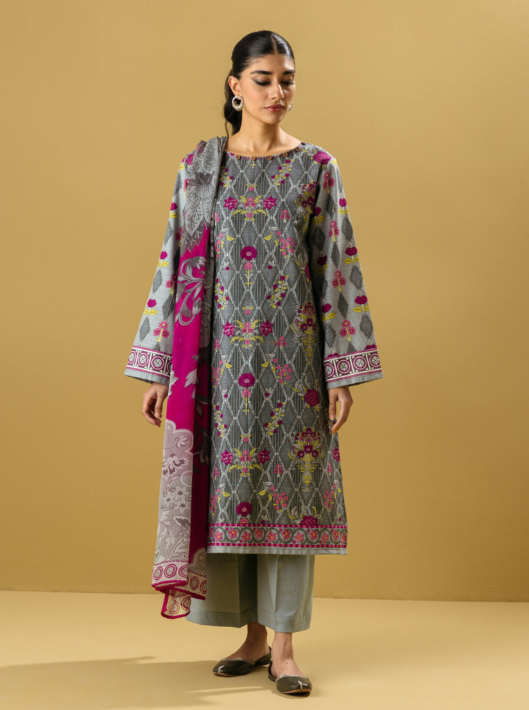 3 PIECE - PRINTED KHADDAR SUIT - FUSCHIA BUDS MORBAGH WN_22   