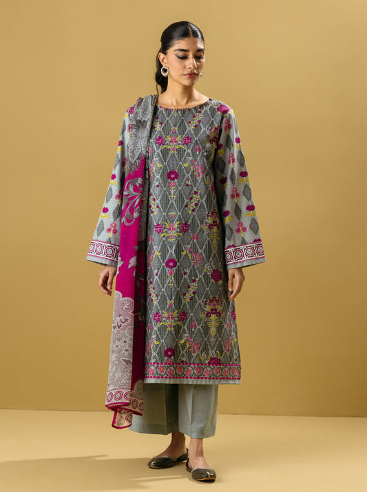 3 PIECE - PRINTED KHADDAR SUIT - FUSCHIA BUDS MORBAGH WN_22   