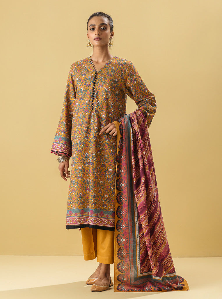 3 PIECE - PRINTED KHADDAR SUIT - BRIGHT MANI GOLD MORBAGH WN_22   