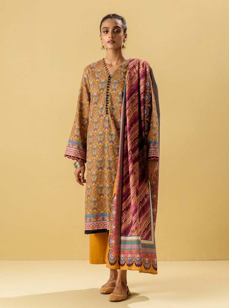 3 PIECE - PRINTED KHADDAR SUIT - BRIGHT MANI GOLD MORBAGH WN_22   