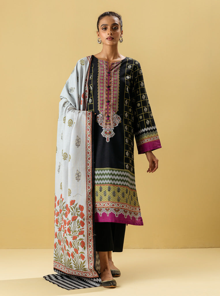 3 PIECE - PRINTED KHADDAR SUIT - BLOOMING BLACK MORBAGH WN_22   