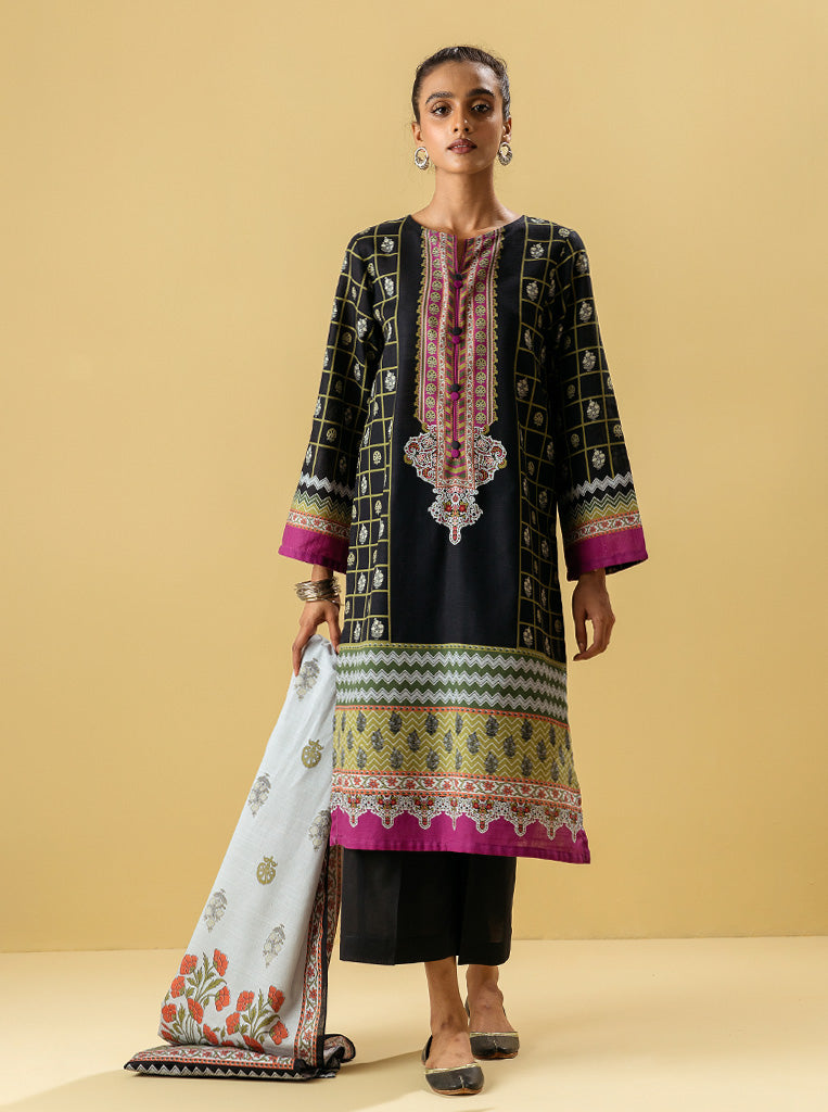 3 PIECE - PRINTED KHADDAR SUIT - BLOOMING BLACK MORBAGH WN_22   