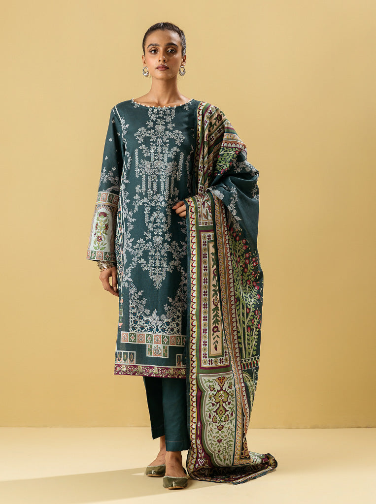 3 PIECE - PRINTED KHADDAR SUIT - TEAL TREASORE MORBAGH WN_22   