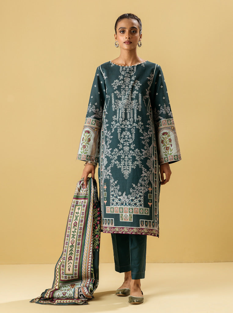 3 PIECE - PRINTED KHADDAR SUIT - TEAL TREASORE MORBAGH WN_22   