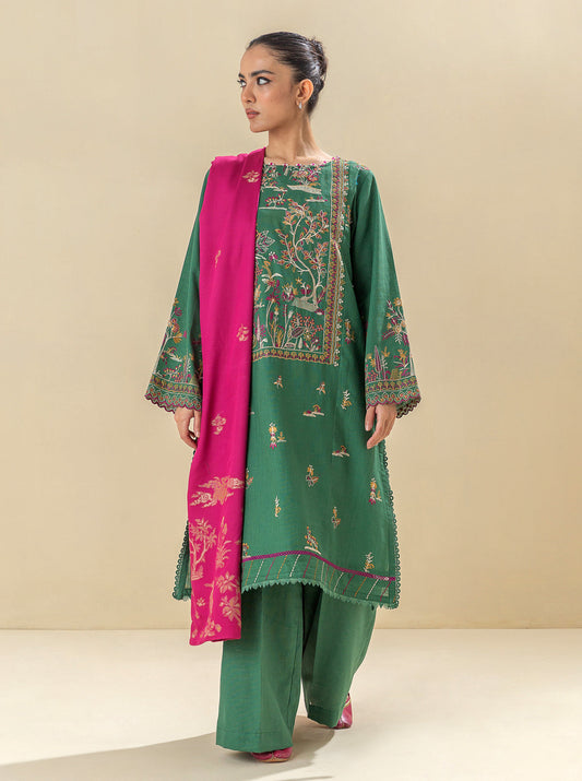 3 PIECE - EMBROIDERED  KHADDAR SUIT - SATIN MOSS MORBAGH WN_23   