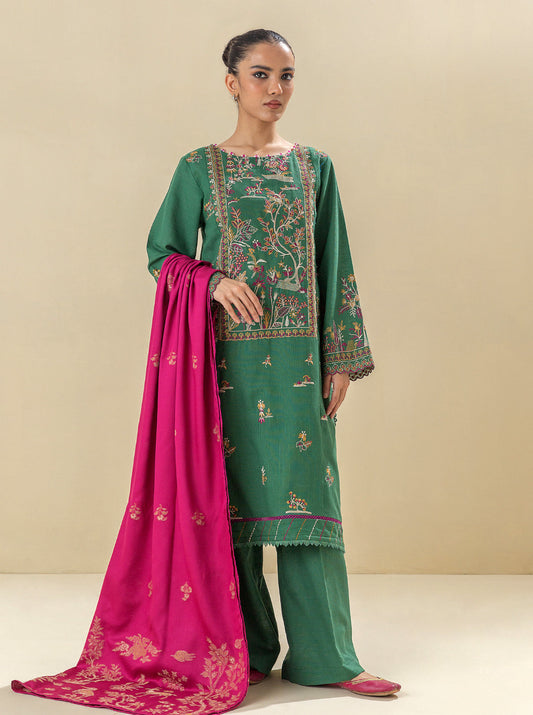 3 PIECE - EMBROIDERED  KHADDAR SUIT - SATIN MOSS MORBAGH WN_23   
