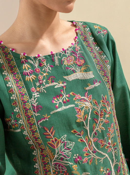 3 PIECE - EMBROIDERED  KHADDAR SUIT - SATIN MOSS MORBAGH WN_23   