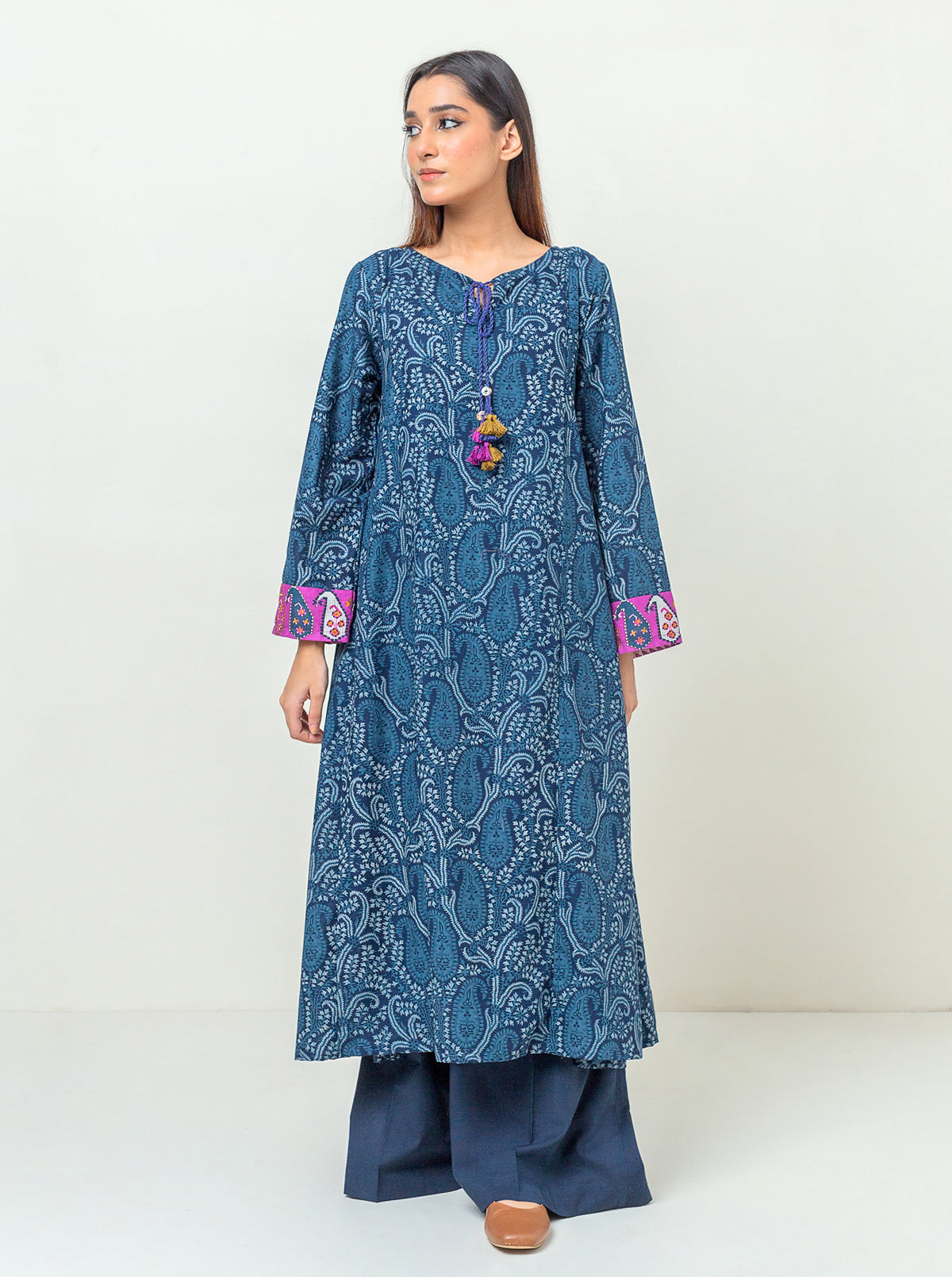 2 PIECE - PRINTED KHADDAR SUIT - NAVY ENGRAVED MORBAGH WN_23   