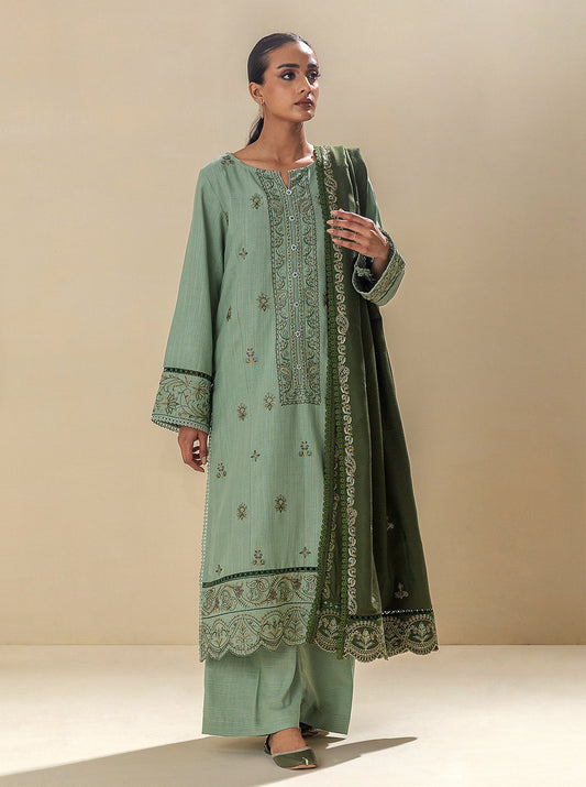 3 PIECE - EMBROIDERED KHADDAR SUIT WITH EMBROIDERED SHAWL - MOSSY MAGIC MORBAGH WN_23   