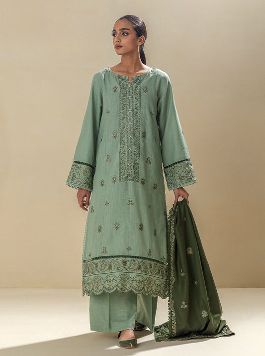 3 PIECE - EMBROIDERED KHADDAR SUIT WITH EMBROIDERED SHAWL - MOSSY MAGIC MORBAGH WN_23   