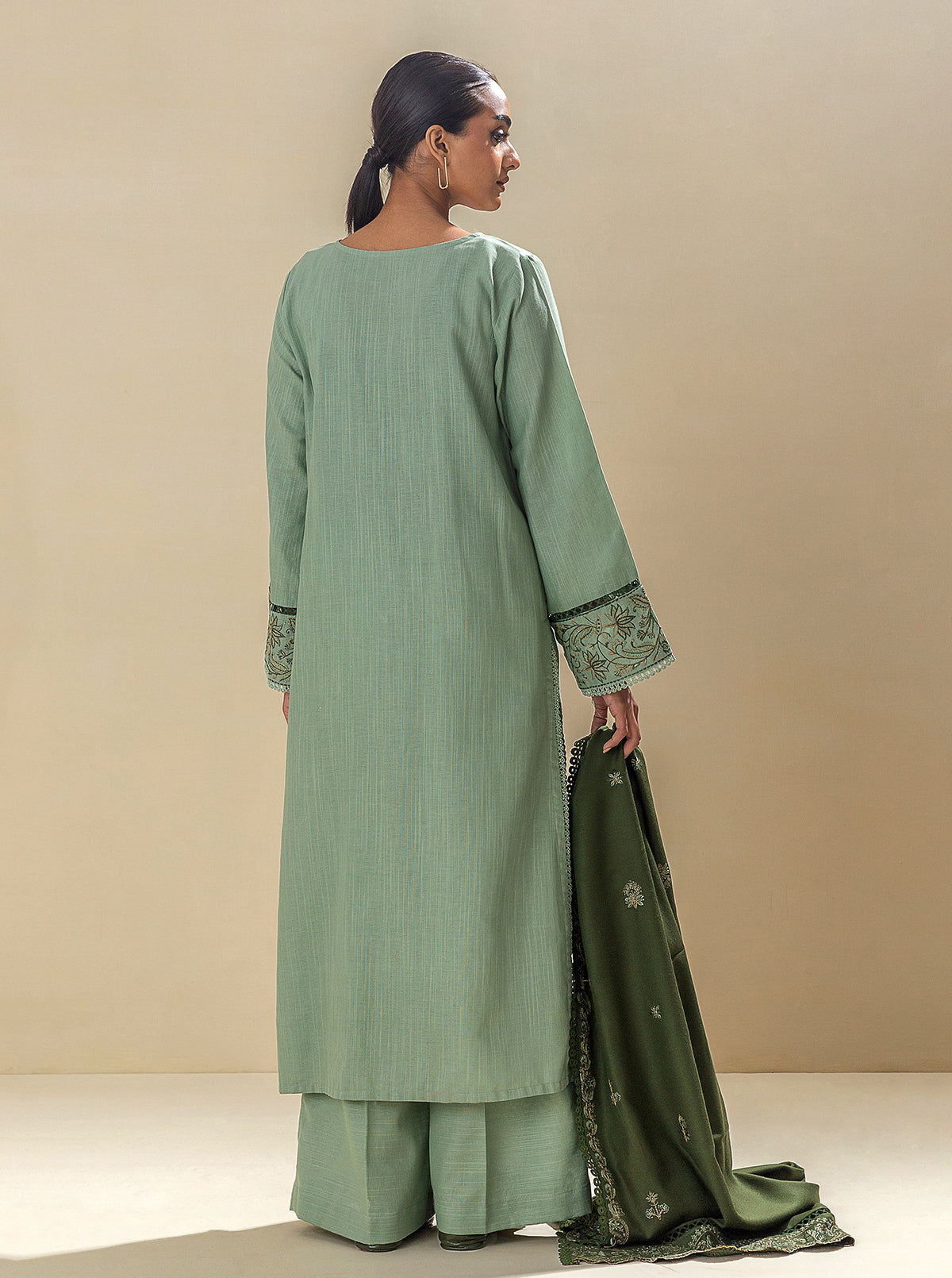 3 PIECE - EMBROIDERED KHADDAR SUIT WITH EMBROIDERED SHAWL - MOSSY MAGIC MORBAGH WN_23   