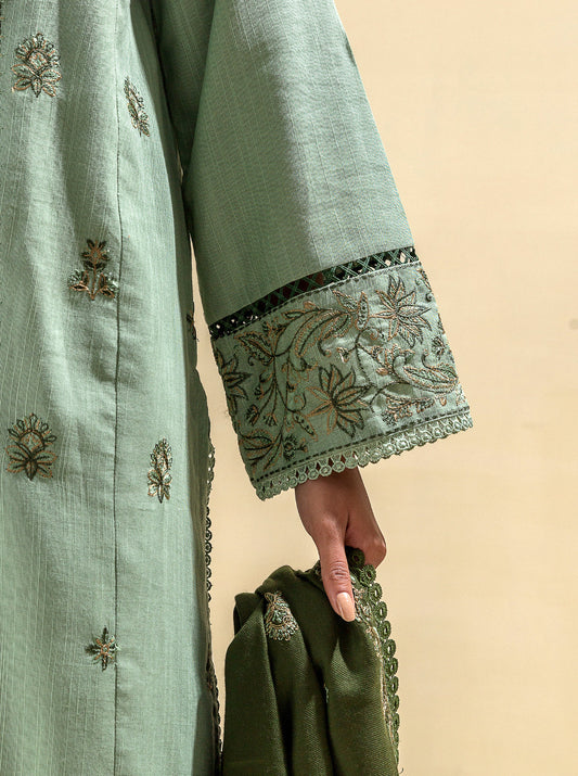 3 PIECE - EMBROIDERED KHADDAR SUIT WITH EMBROIDERED SHAWL - MOSSY MAGIC MORBAGH WN_23   