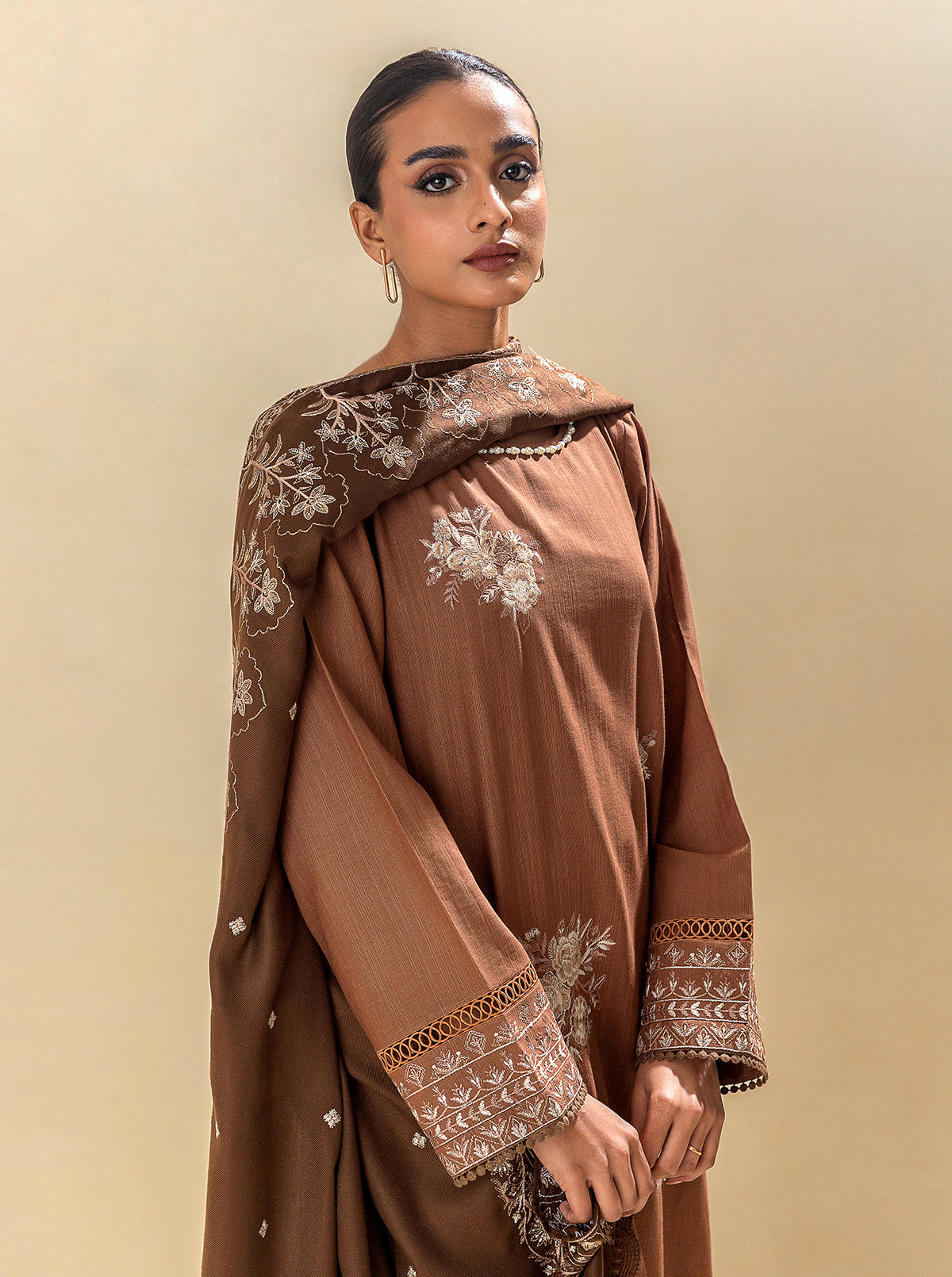 3 PIECE - EMBROIDERED KHADDAR SUIT WITH EMBROIDERED SHAWL - EARTHY HUES MORBAGH WN_23   