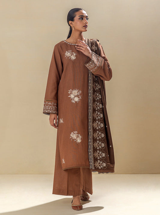 3 PIECE - EMBROIDERED KHADDAR SUIT WITH EMBROIDERED SHAWL - EARTHY HUES MORBAGH WN_23   