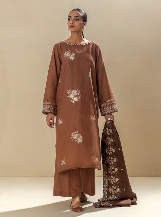 3 PIECE - EMBROIDERED KHADDAR SUIT WITH EMBROIDERED SHAWL - EARTHY HUES MORBAGH WN_23   