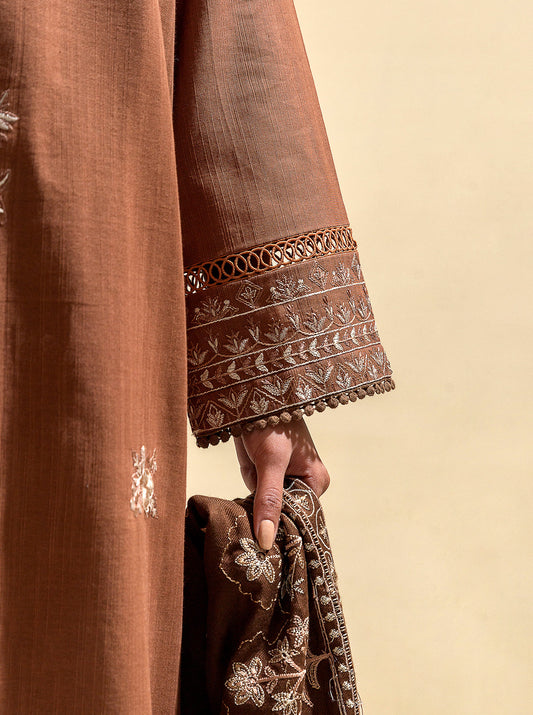 3 PIECE - EMBROIDERED KHADDAR SUIT WITH EMBROIDERED SHAWL - EARTHY HUES MORBAGH WN_23   