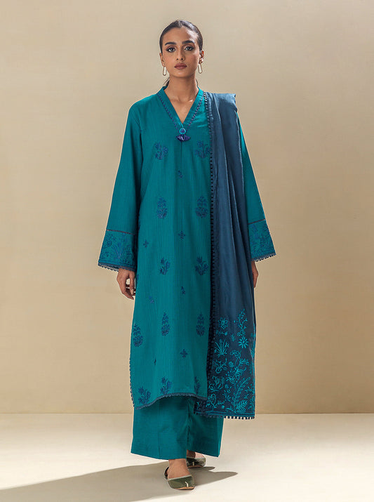 3 PIECE - EMBROIDERED KHADDAR SUIT WITH EMBROIDERED SHAWL - SHALLOW POND MORBAGH WN_23   