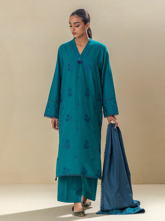 3 PIECE - EMBROIDERED KHADDAR SUIT WITH EMBROIDERED SHAWL - SHALLOW POND MORBAGH WN_23   