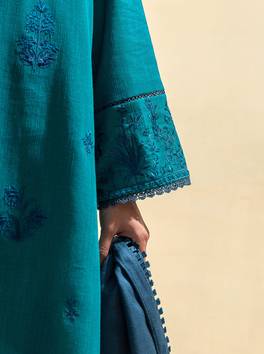 3 PIECE - EMBROIDERED KHADDAR SUIT WITH EMBROIDERED SHAWL - SHALLOW POND MORBAGH WN_23   