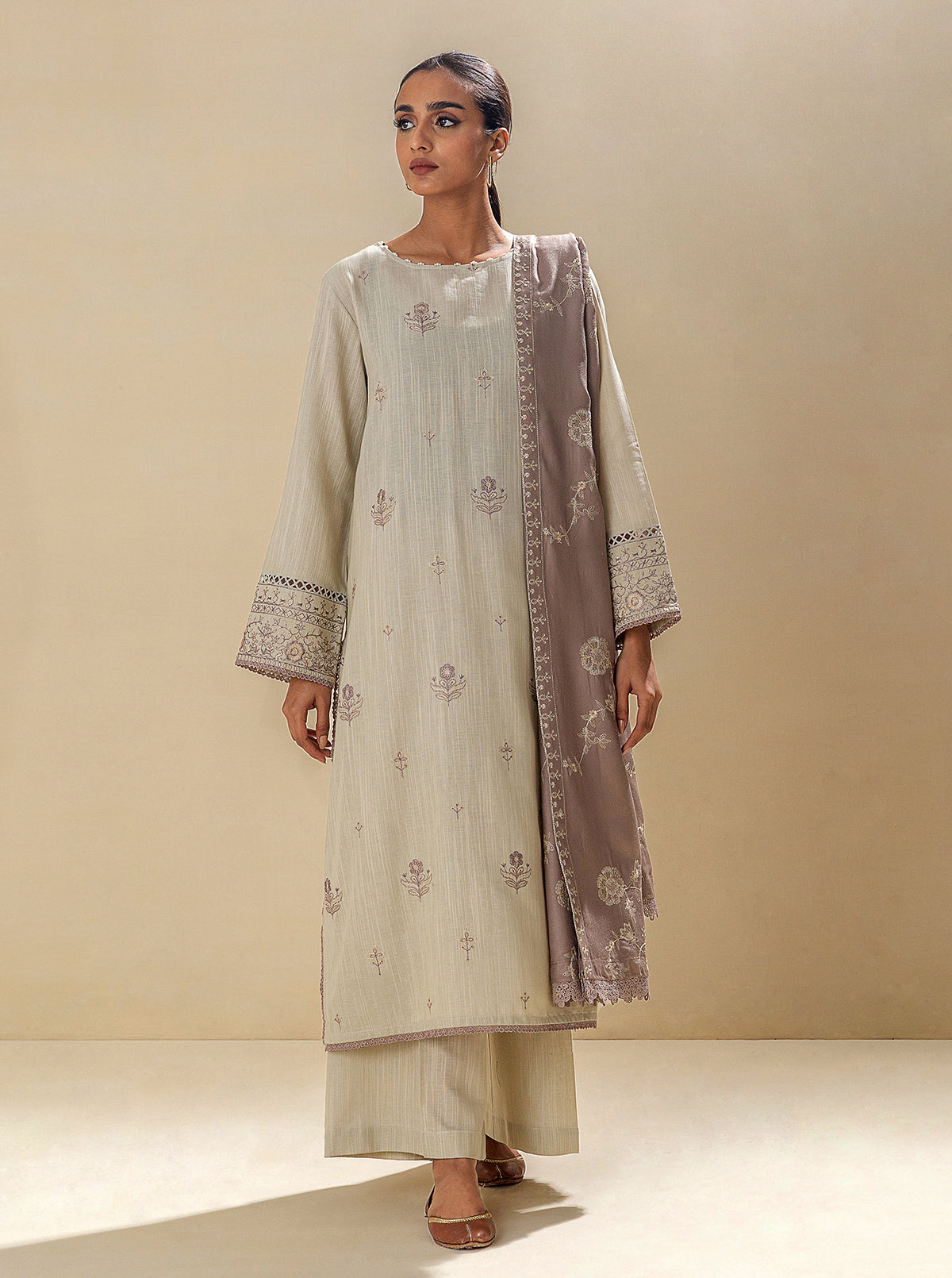3 PIECE - EMBROIDERED KHADDAR SUIT WITH EMBROIDERED SHAWL - WINTER SKY MORBAGH WN_23   