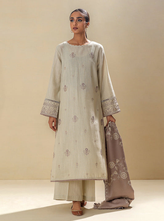 3 PIECE - EMBROIDERED KHADDAR SUIT WITH EMBROIDERED SHAWL - WINTER SKY MORBAGH WN_23   