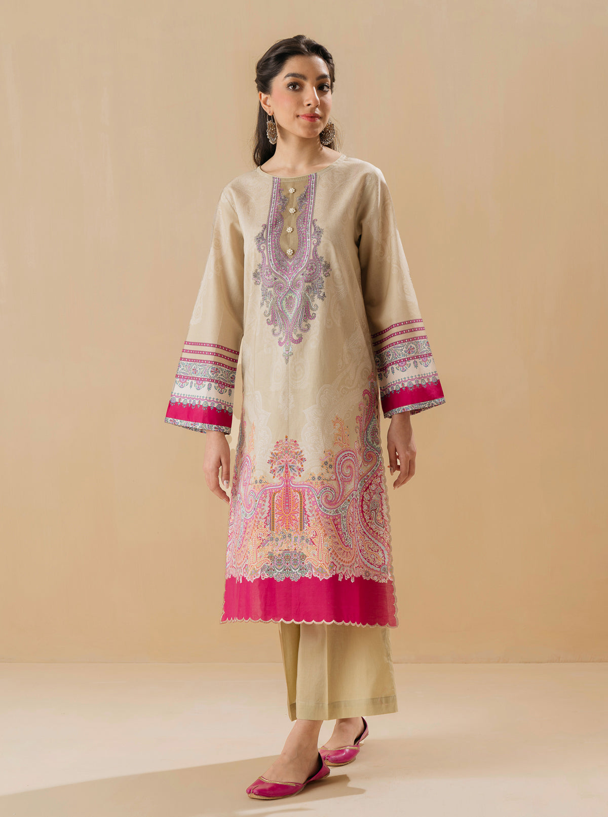 2 PIECE - PRINTED LAWN SUIT - PEARLY BEIGE MORBAGH SU_22   