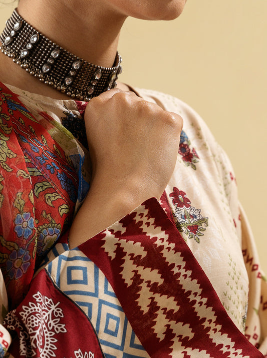 3 PIECE - PRINTED LAWN SUIT - IVORY MIST MORBAGH SU_22   