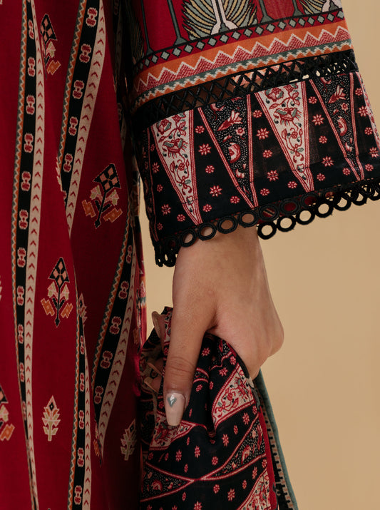 3 PIECE - PRINTED LAWN SUIT - ALLURING RED MORBAGH SU_22   