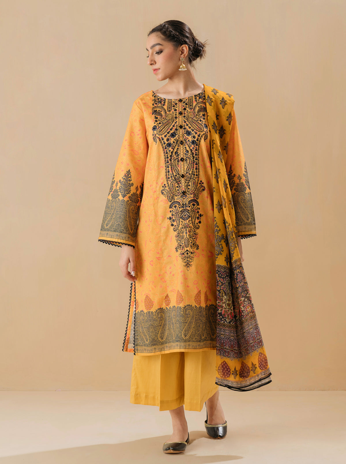 3 PIECE - EMBROIDERED LAWN SUIT - OPAL YELLOW MORBAGH SU_22   