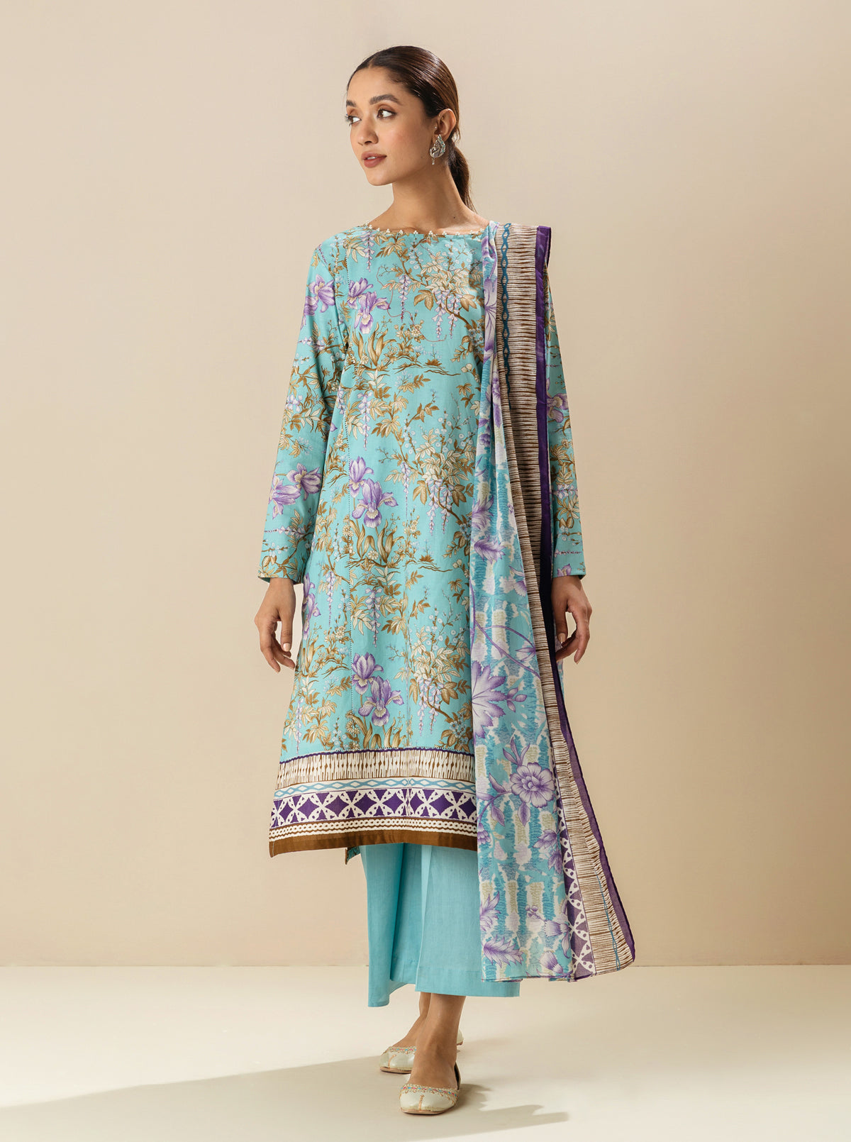 2 PIECE - PRINTED LAWN SUIT - AQUA TULIP MORBAGH SU_23   