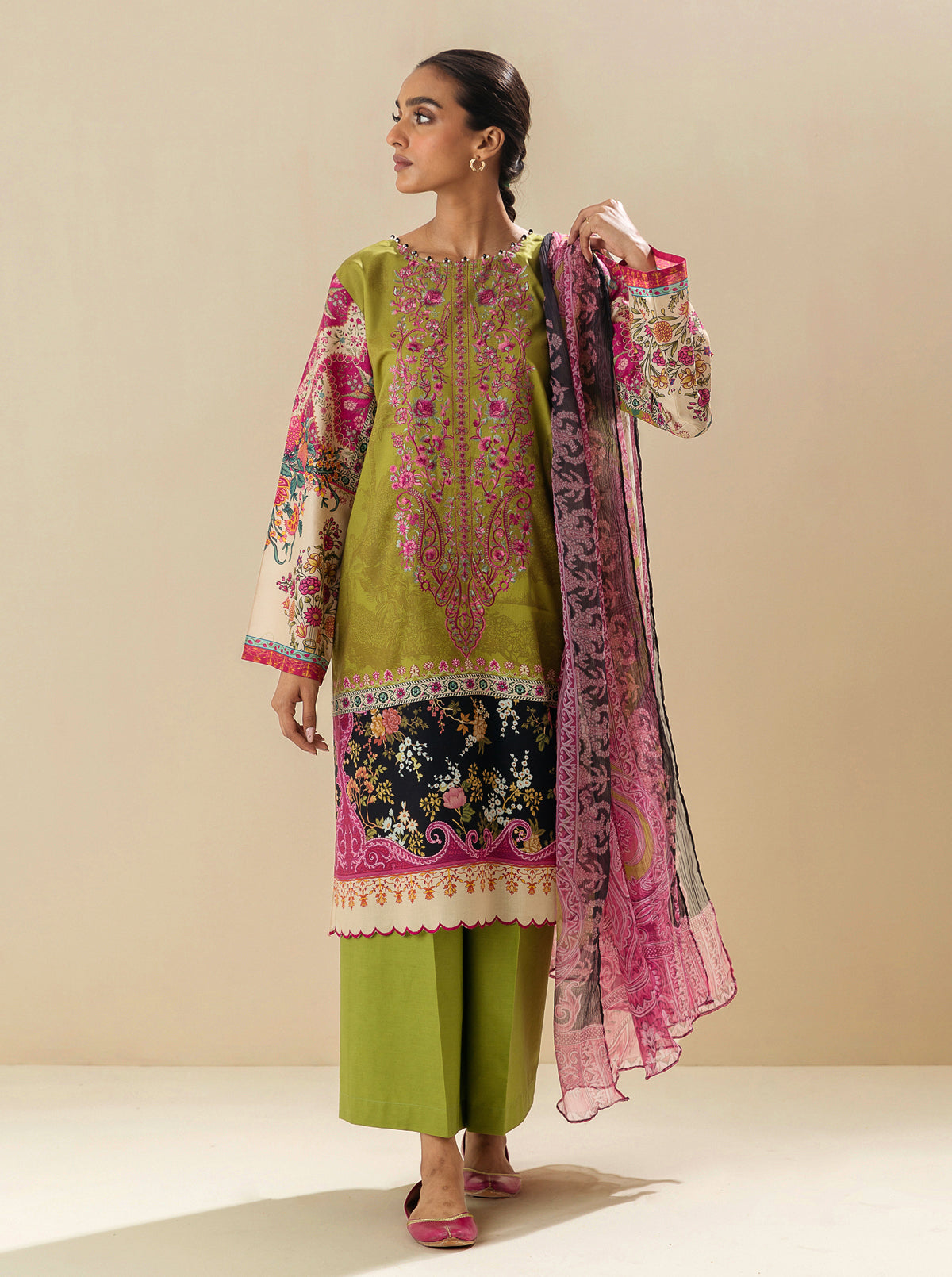 3 PIECE - EMBROIDERED LAWN SUIT - LIME TWIST MORBAGH SU_23   