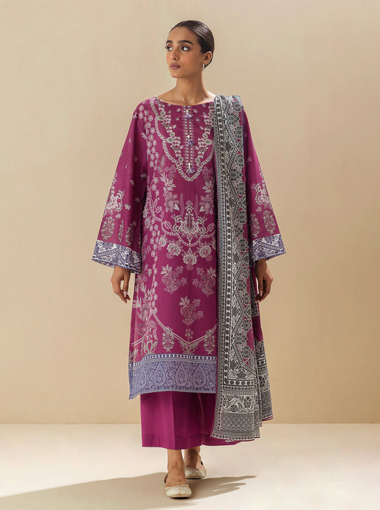 3 PIECE - PRINTED LAWN SUIT - WINE MIX MORBAGH SU_23   