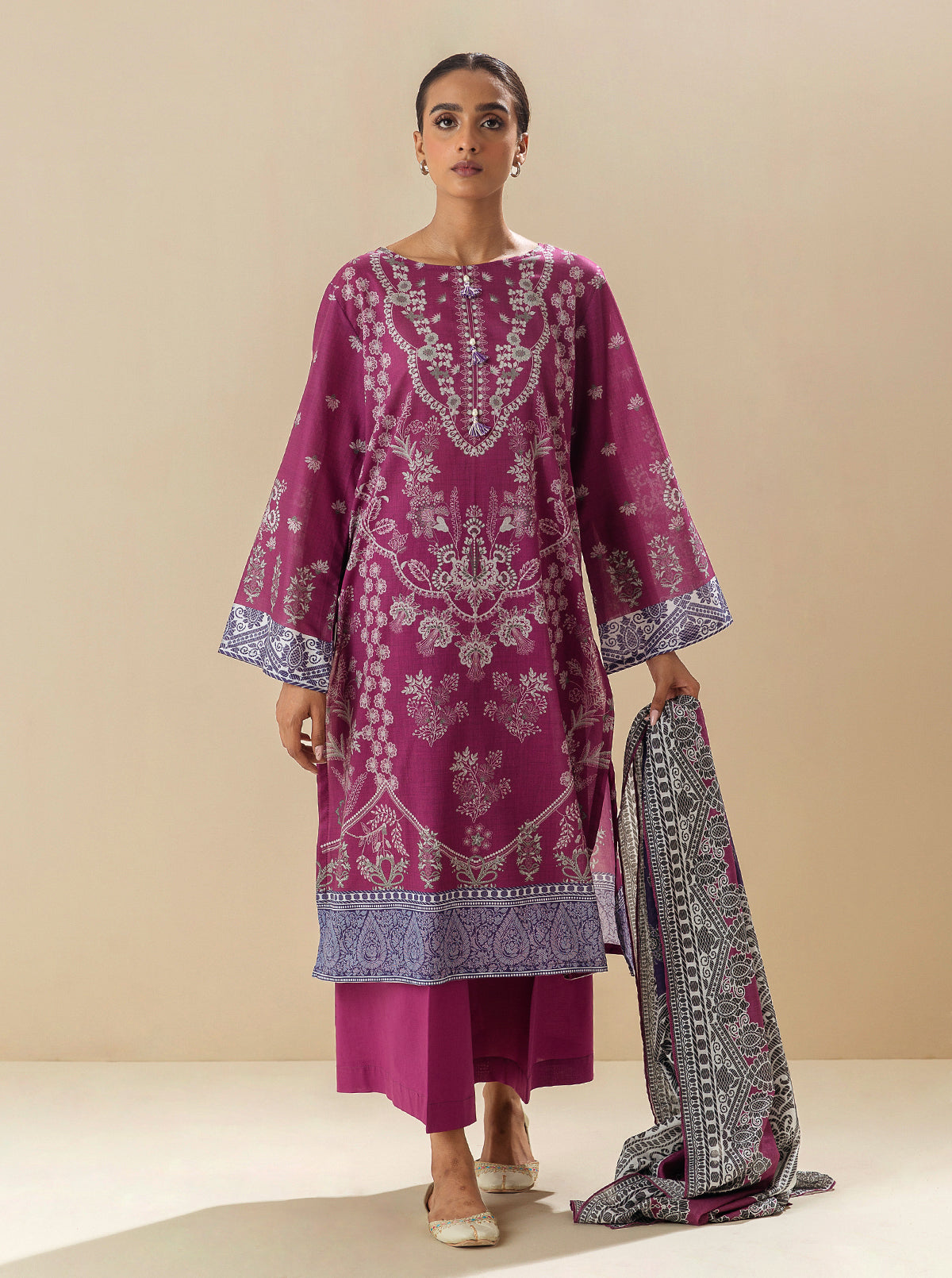 3 PIECE - PRINTED LAWN SUIT - WINE MIX MORBAGH SU_23   