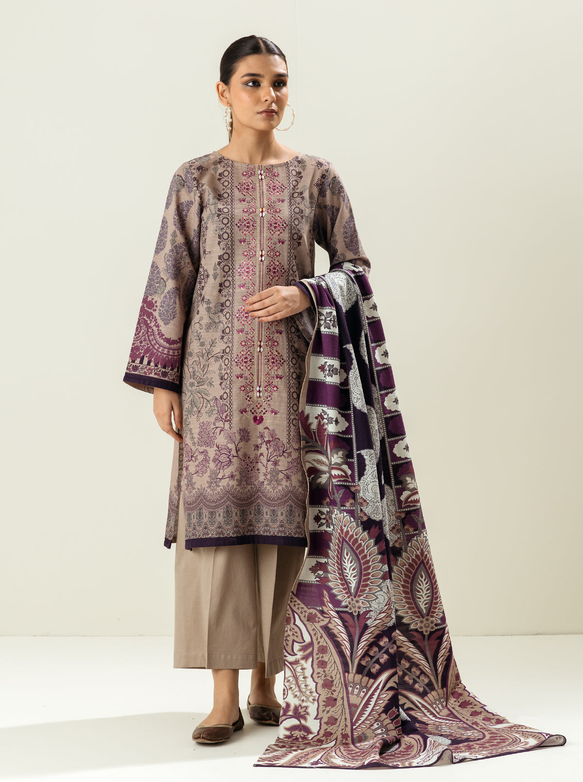 3 PIECE - EMBROIDERED  KHADDAR SUIT - COTTAGE CREAM MORBAGH WN_22   