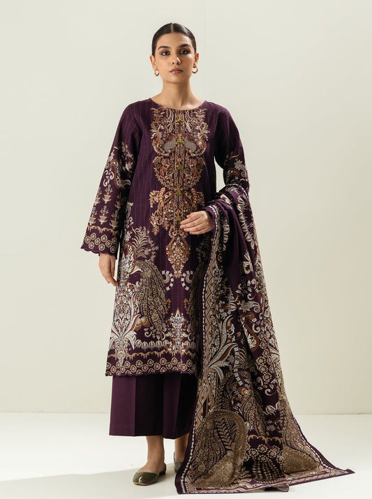 3 PIECE - EMBROIDERED  KHADDAR SUIT - FLATTERING PLUM MORBAGH WN_22   