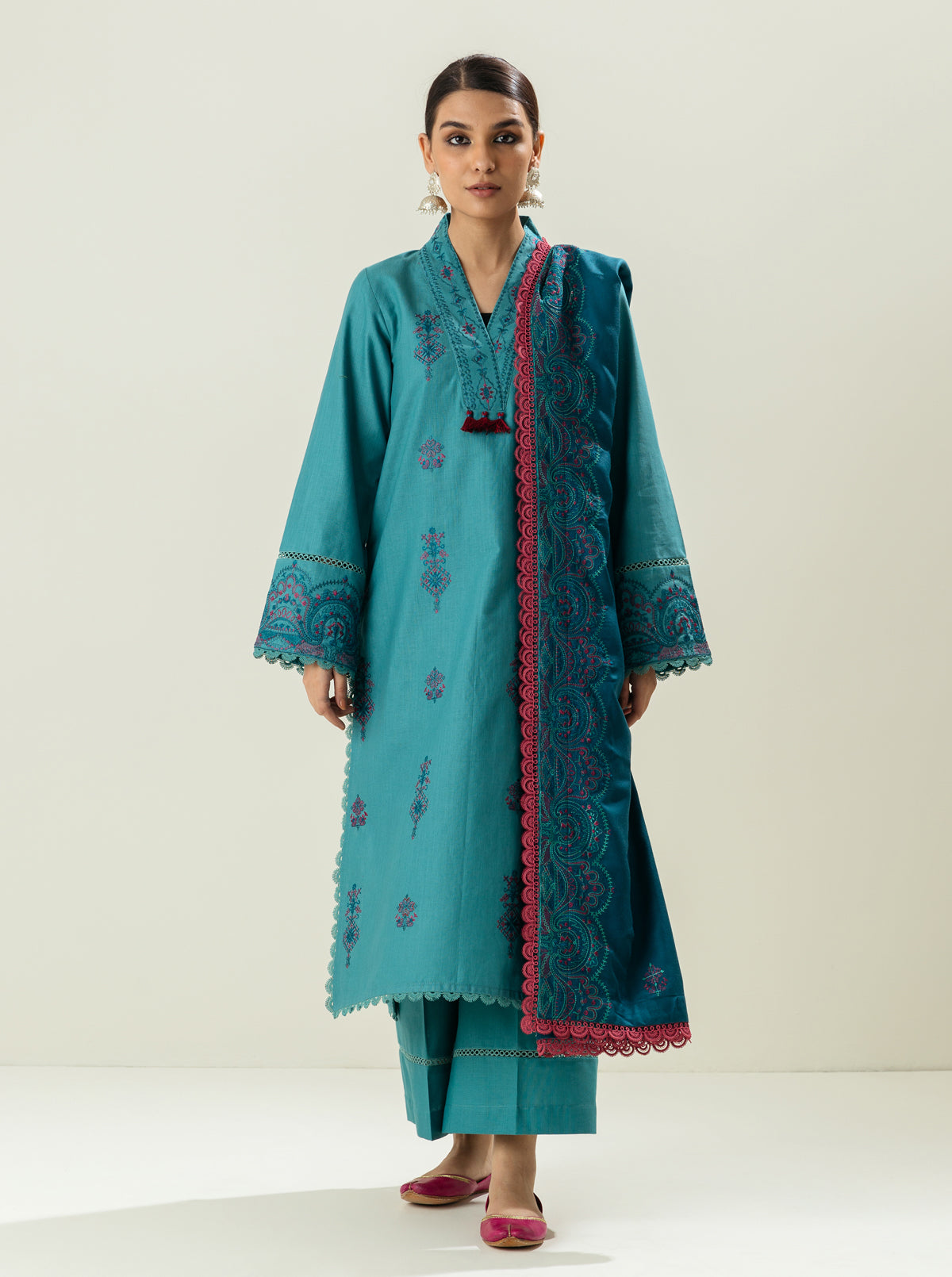 3 PIECE - EMBROIDERED  KHADDAR SUIT - TANTALISING TEAL MORBAGH WN_22   