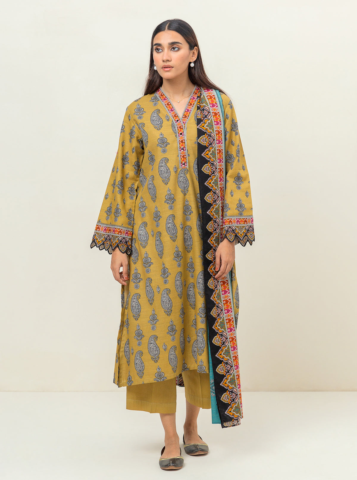 3 PIECE - PRINTED KHADDAR SUIT - GOLDEN PALM MORBAGH WN_23   