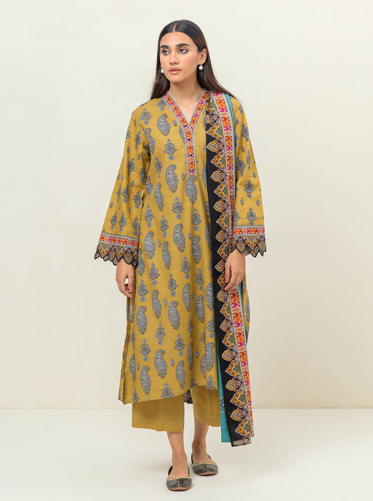 3 PIECE - PRINTED KHADDAR SUIT - GOLDEN PALM MORBAGH WN_23   