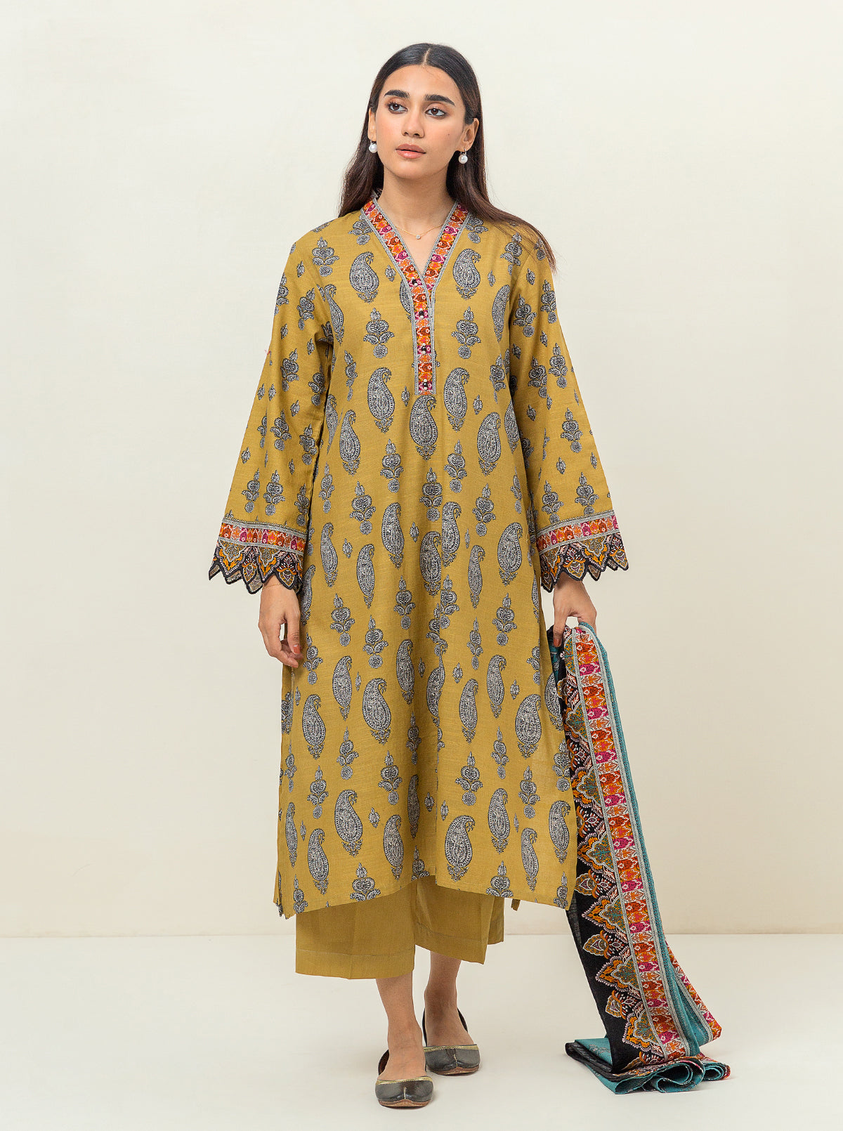 3 PIECE - PRINTED KHADDAR SUIT - GOLDEN PALM MORBAGH WN_23   