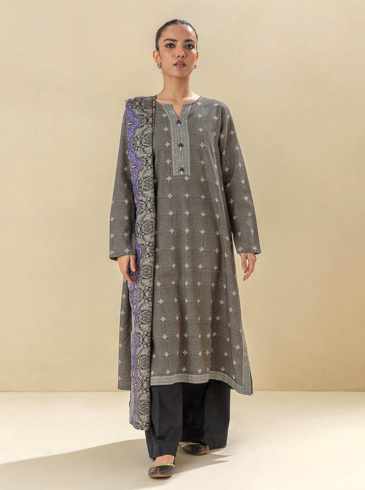3 PIECE - PRINTED KHADDAR SUIT - ACCENT ZONE MORBAGH WN_23   
