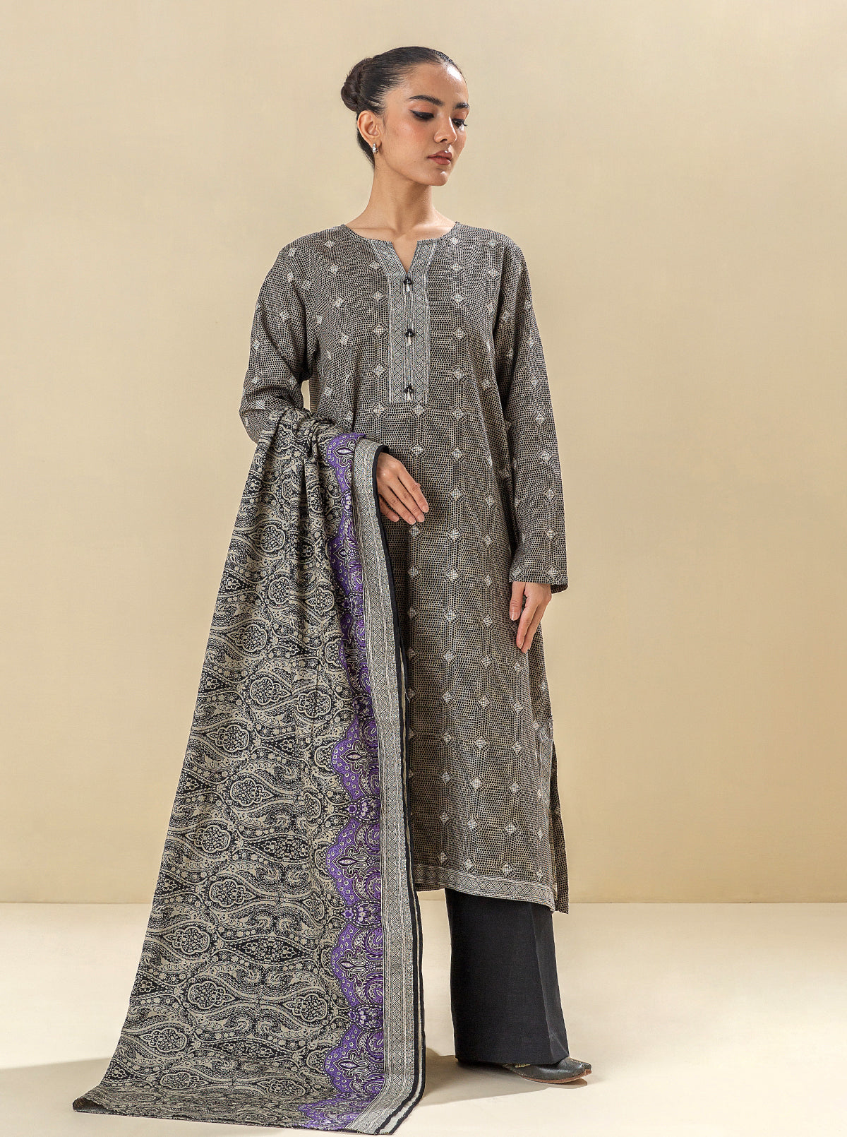 3 PIECE - PRINTED KHADDAR SUIT - ACCENT ZONE MORBAGH WN_23   