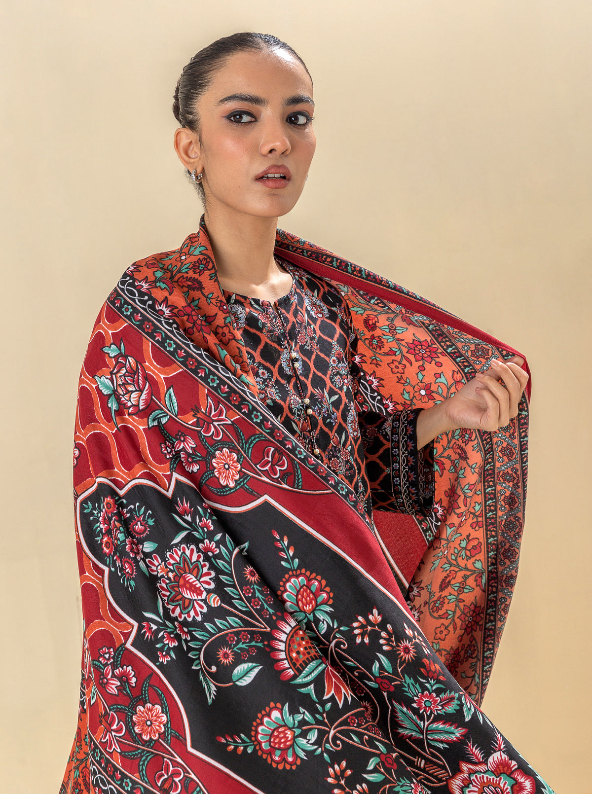 2 PIECE - PRINTED KHADDAR SUIT WITH HERRINGBONE SHAWL - EBONY SUNRISE MORBAGH WN_23   