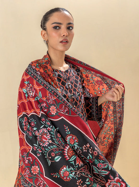 2 PIECE - PRINTED KHADDAR SUIT WITH HERRINGBONE SHAWL - EBONY SUNRISE MORBAGH WN_23   