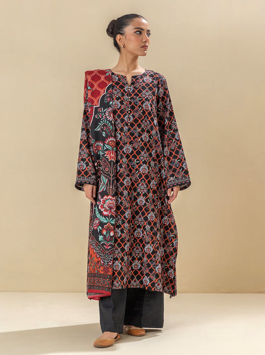 2 PIECE - PRINTED KHADDAR SUIT WITH HERRINGBONE SHAWL - EBONY SUNRISE MORBAGH WN_23   