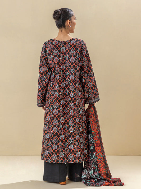 2 PIECE - PRINTED KHADDAR SUIT WITH HERRINGBONE SHAWL - EBONY SUNRISE MORBAGH WN_23   
