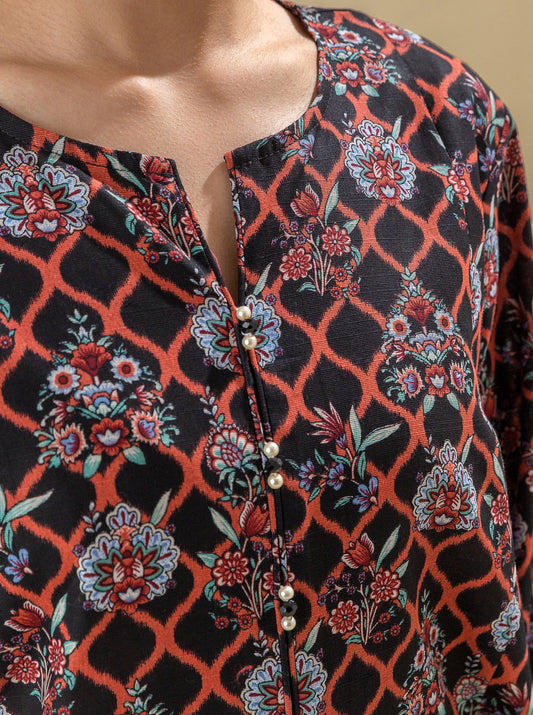 2 PIECE - PRINTED KHADDAR SUIT WITH HERRINGBONE SHAWL - EBONY SUNRISE MORBAGH WN_23   